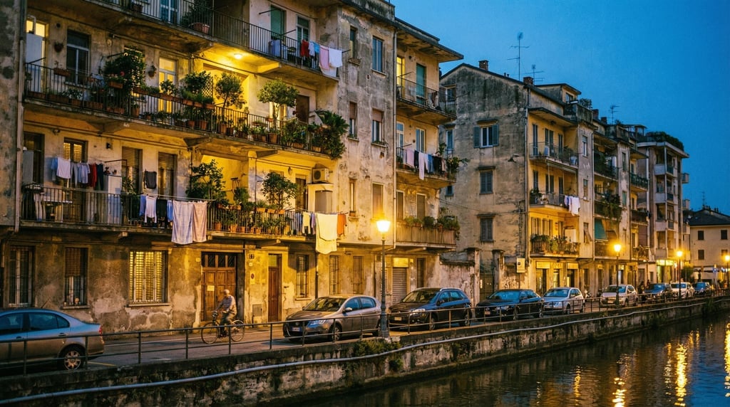 Riverside apartment buildings with balconies in a cosmopolitan neighborhood