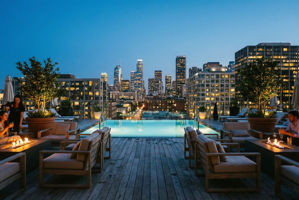 Rooftop pool deck overlooking downtown at dusk, wooden decking and comfortable seating