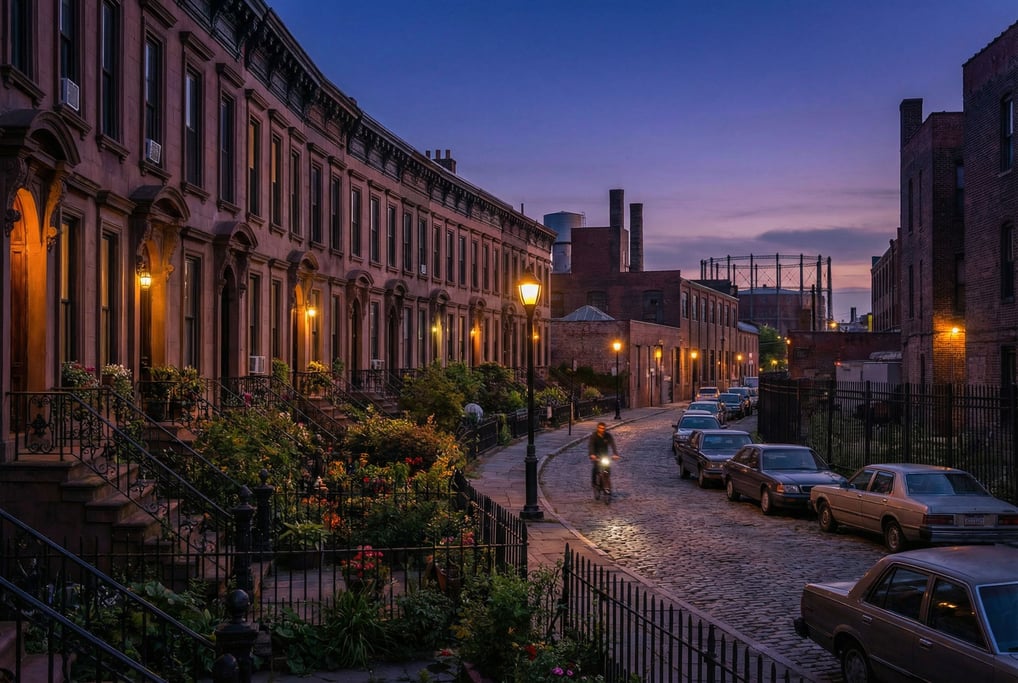 Row of brownstone townhouses in a industrial neighborhood