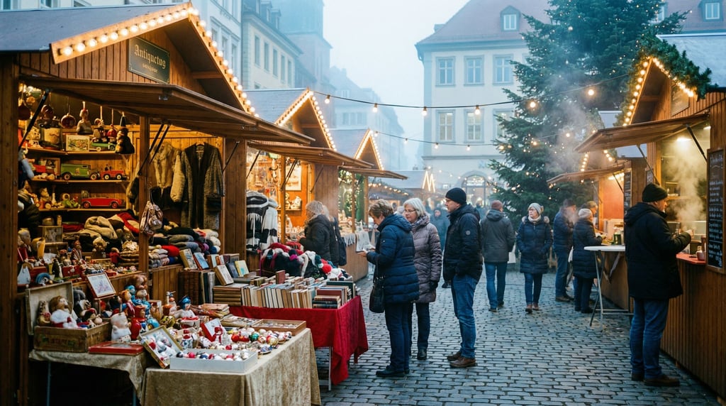 Christmas market with wooden chalets with vintage finds laid out on tables
