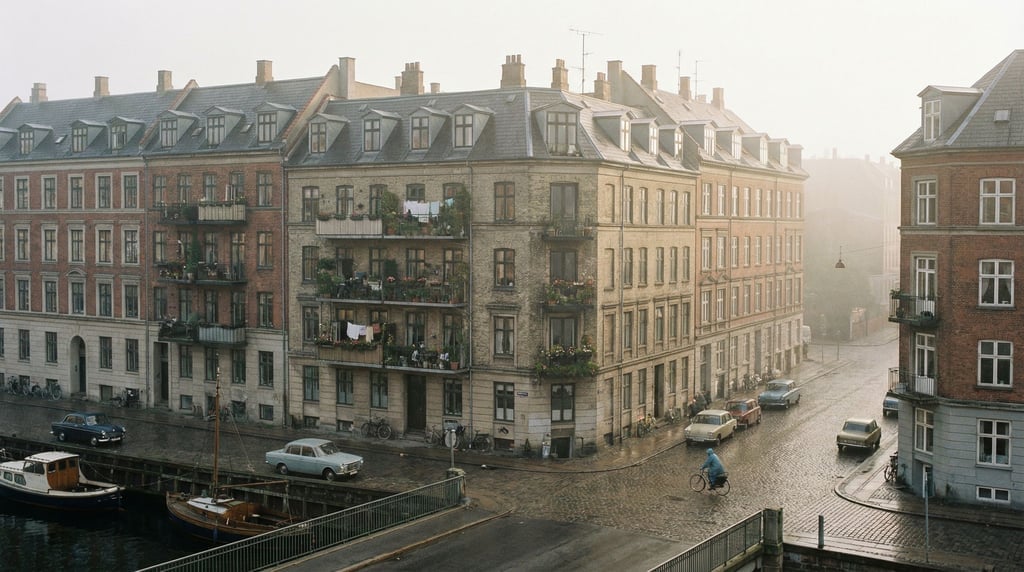 Riverside apartment buildings with balconies in a northern European neighborhood