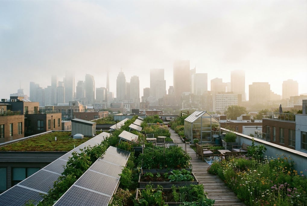 Rooftop garden overlooking downtown at misty morning, solar panels and green roof sections