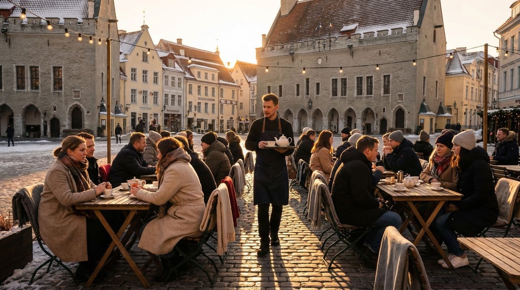 Outdoor tea house garden on a northern European city square