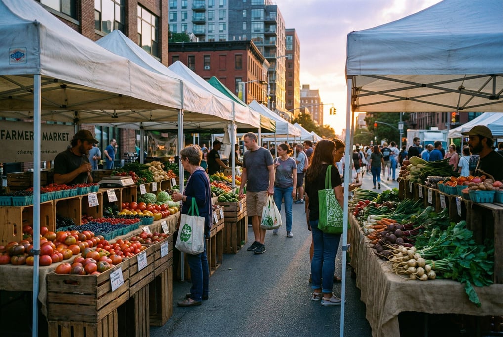 Open-air farmers market with canvas stalls with colorful produce stacked in wooden crates