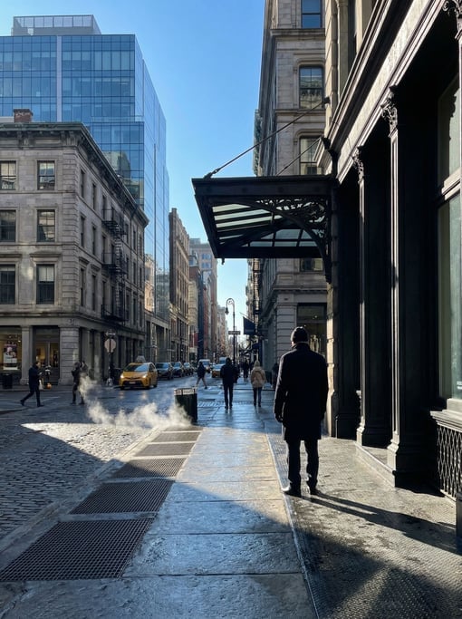 Cosmopolitan city street on a clear day, sharp shadows and bright highlights under blue sky