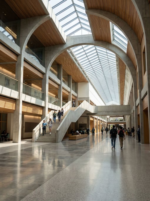Vaulted gallery with skylights inside a university building