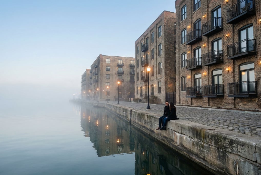 City lakefront path lined with old brick warehouses converted to apartments, misty morning