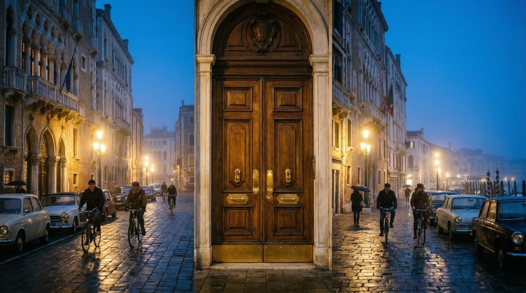 Grand Venetian Gothic boulevard with grand double doors with brass hardware at street level, dusk