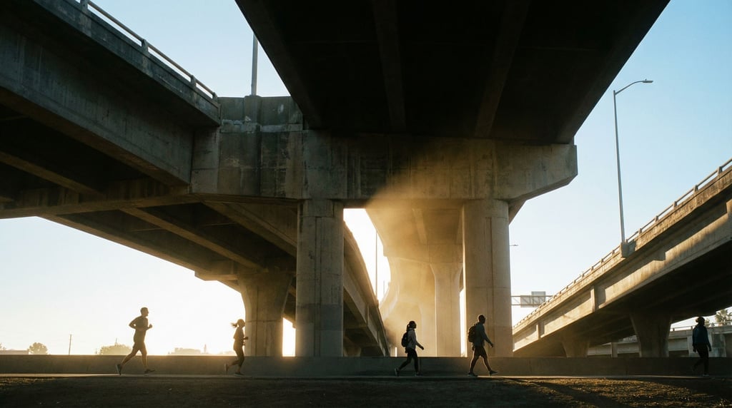 Concrete highway overpass seen from below on a clear day