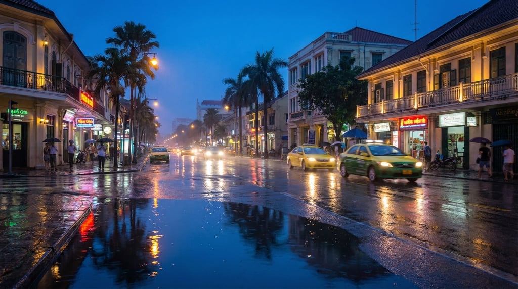 Tropical city street after rain, wet pavement reflecting lights and sky, puddles as mirrors