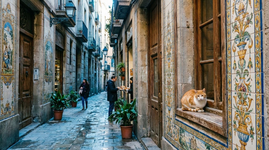 Narrow Barcelona Gothic Quarter street with hand-painted ceramic tiles on building facades