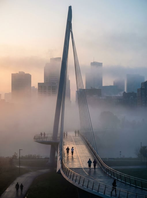 Modern cable-stayed pedestrian bridge in morning fog