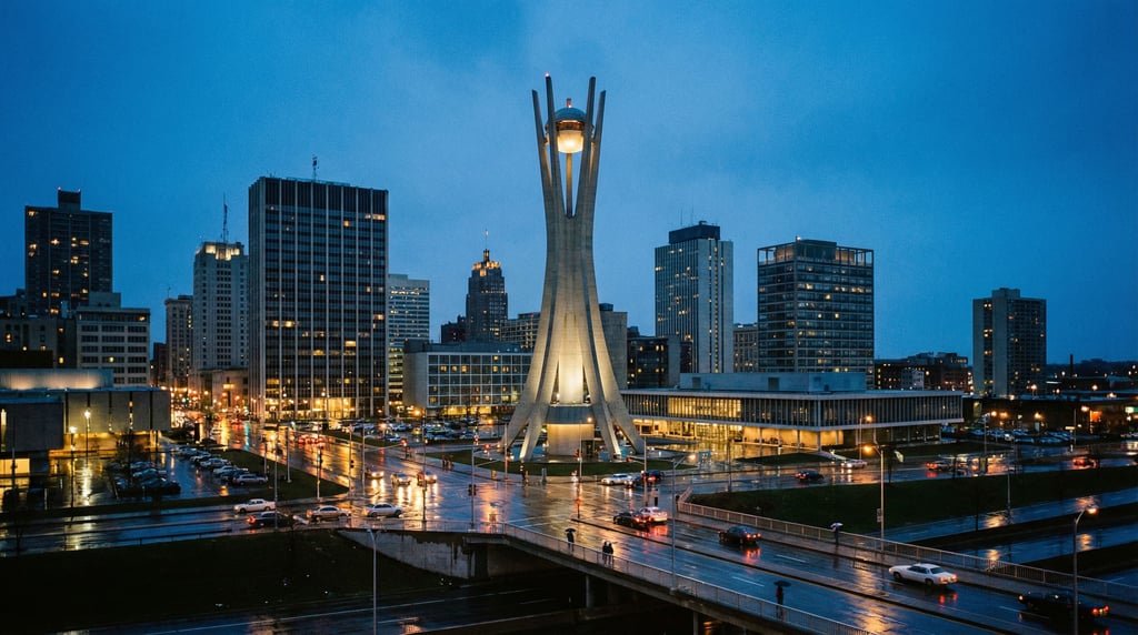 Sweeping panoramic view of a mid-century modern city skyline at dusk