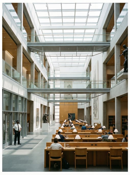 Grand reading room with rows of desks inside a modern art museum
