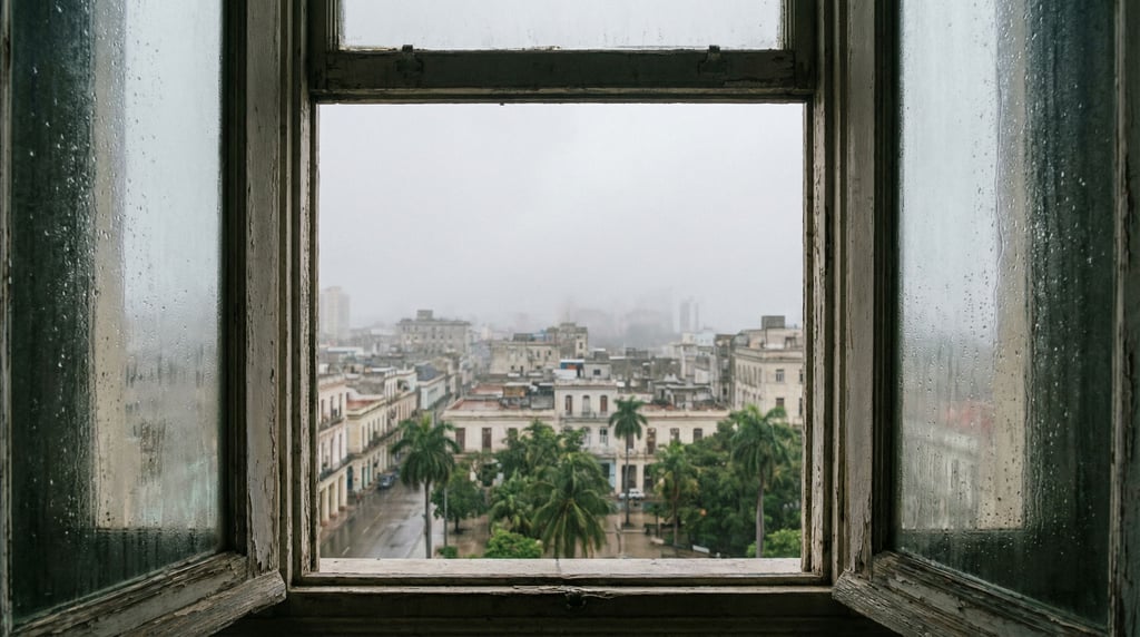 View through a old wooden-frame window in a historic building overlooking a tropical cityscape at ov