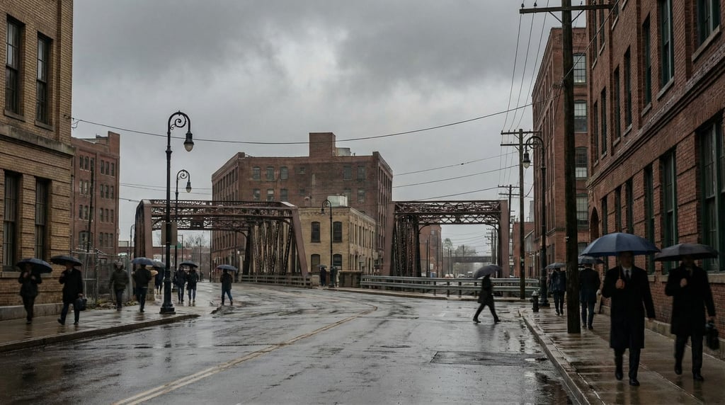 Industrial city street under overcast skies, soft even light and muted tones