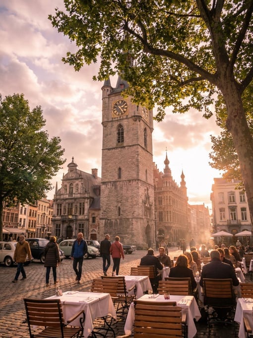 Market square with a historic clock tower in a European city