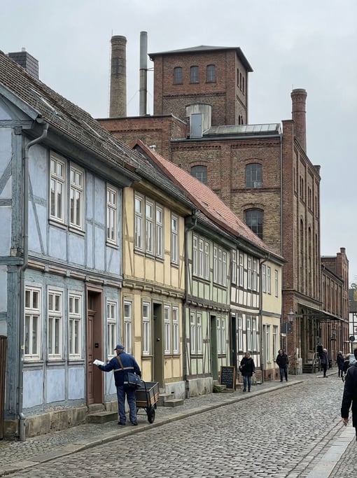 Half-timbered historic houses in a industrial neighborhood