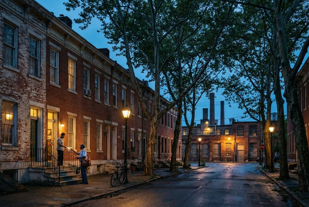 Terrace of Georgian brick houses in a industrial neighborhood
