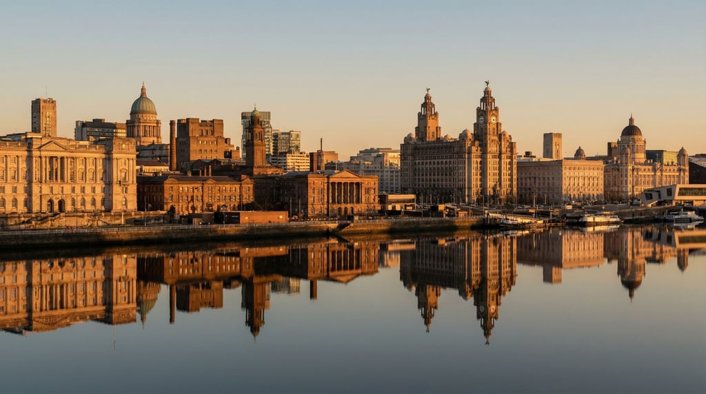 Neoclassical city skyline reflected in a calm river at golden hour