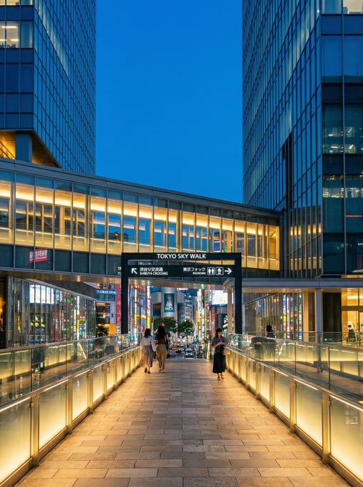 Elevated walkway between glass towers in a Tokyo