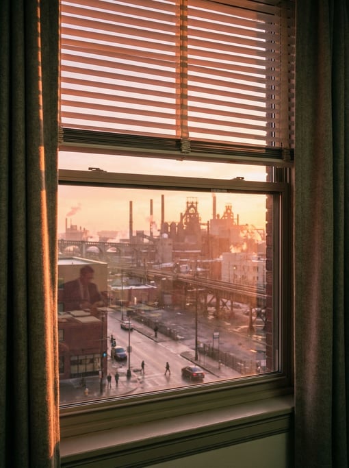 View through a office window with venetian blinds partially open overlooking a industrial cityscape