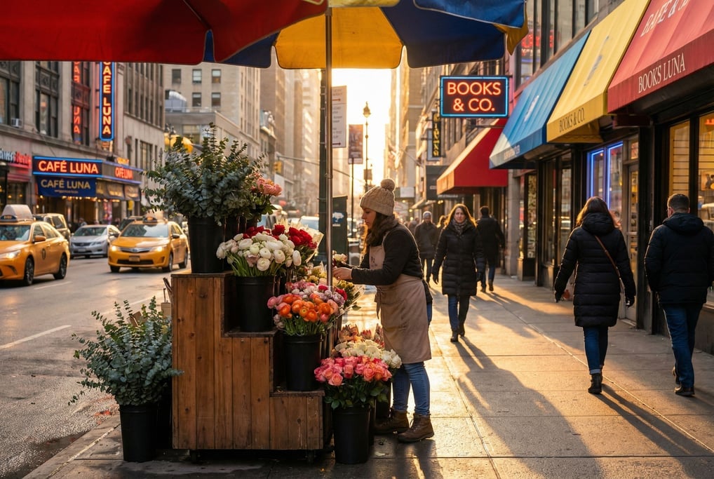 A flower seller arranging bouquets on a corner stall on a busy commercial avenue in a modern city