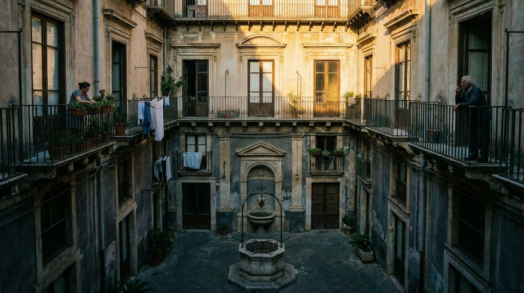 Looking up through a courtyard of a Sicilian palazzo