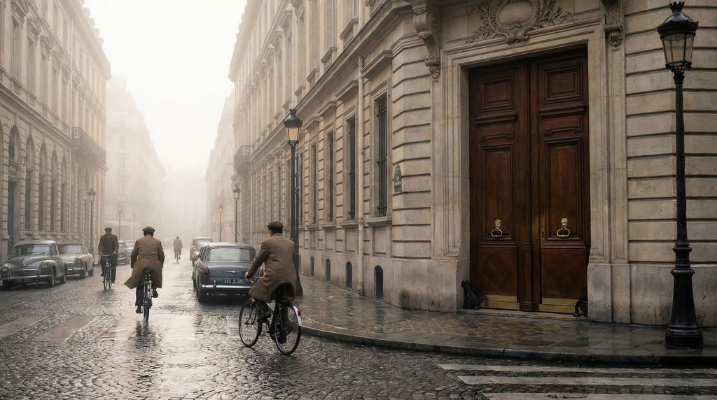 Grand Baroque boulevard with grand double doors with brass hardware at street level, misty morning