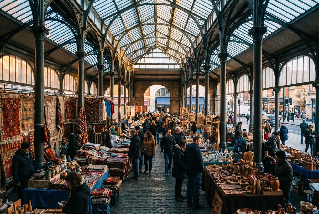 Covered market hall with cast iron columns and glass roof with handmade crafts and textiles