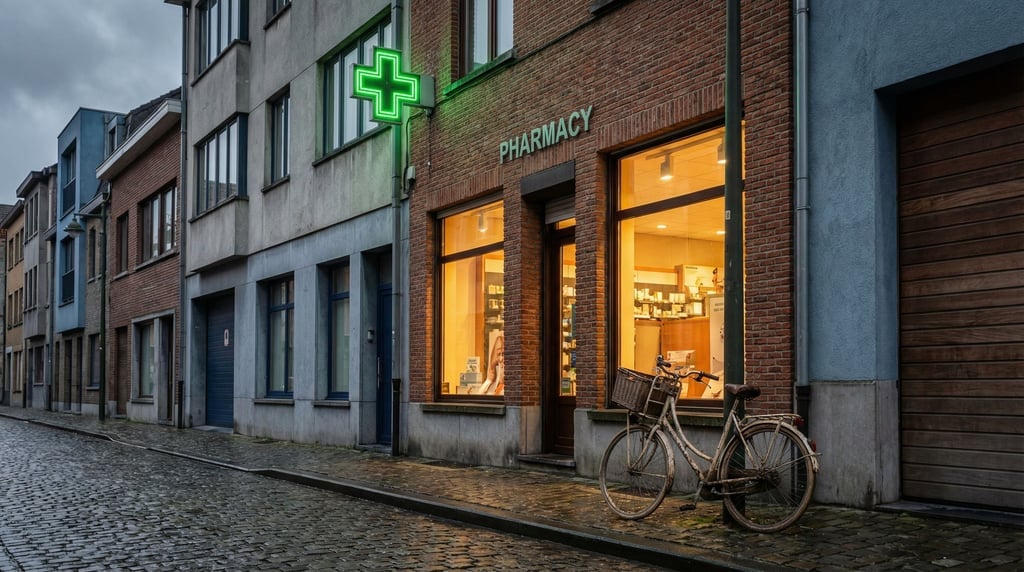 Neighborhood pharmacy with neon cross on a quiet modern city side street