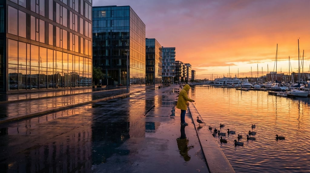 City harbor promenade lined with modern glass buildings along the waterfront, sunset