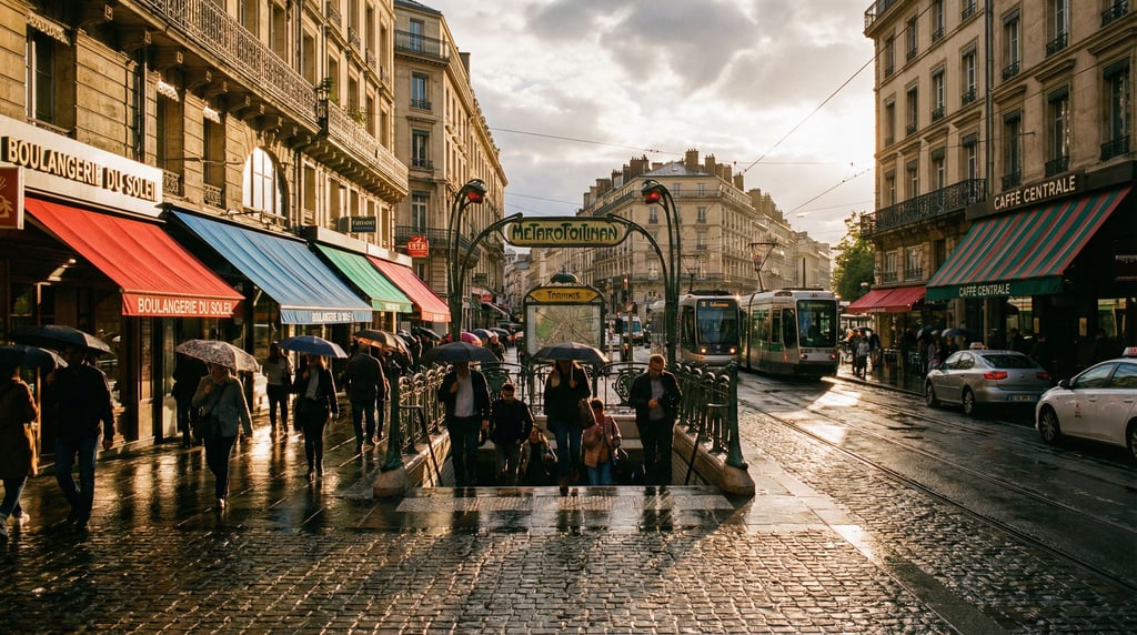 Commuters emerging from a subway entrance on a rain-slicked main road in a historic city