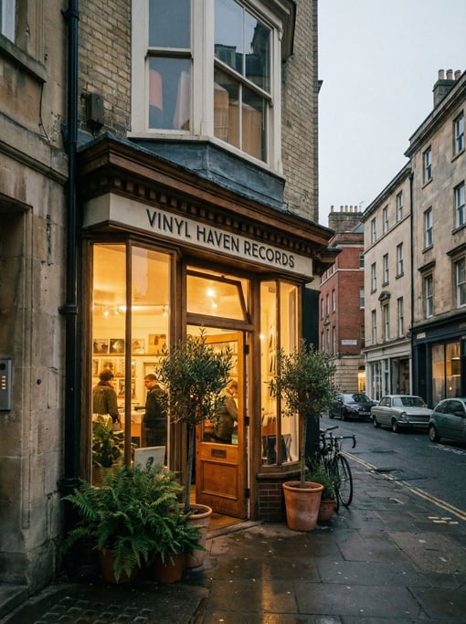 Vintage record store on a quiet cosmopolitan city side street