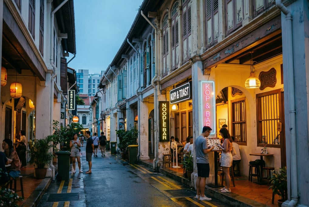 Narrow Singapore shophouse row with traditional wooden facades with modern signage, early morning