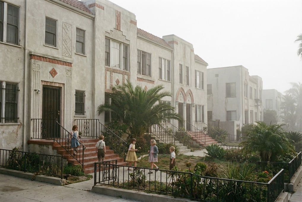 Block of art deco apartment buildings in a Mediterranean neighborhood