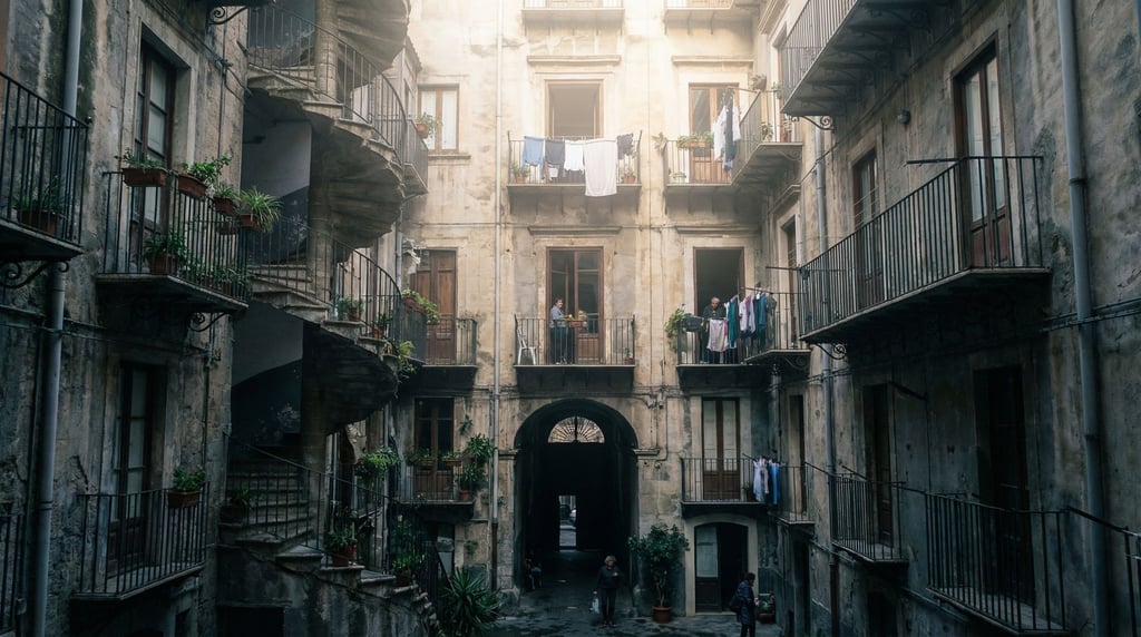 Looking up through a courtyard of a Sicilian palazzo
