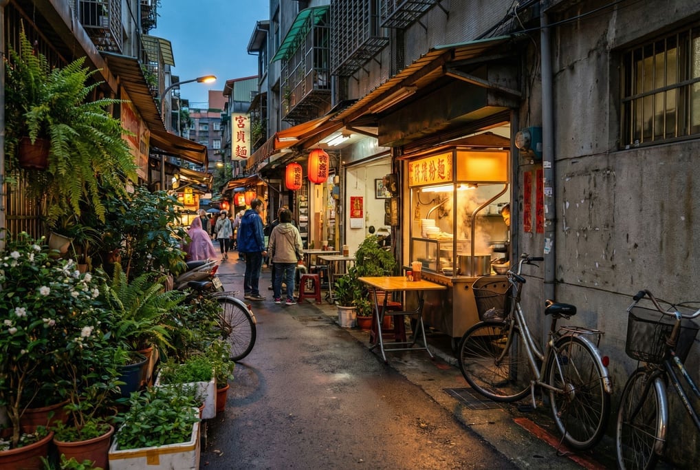 Narrow Taipei lane with street food stalls with potted plants and bicycles lining the narrow sidewal