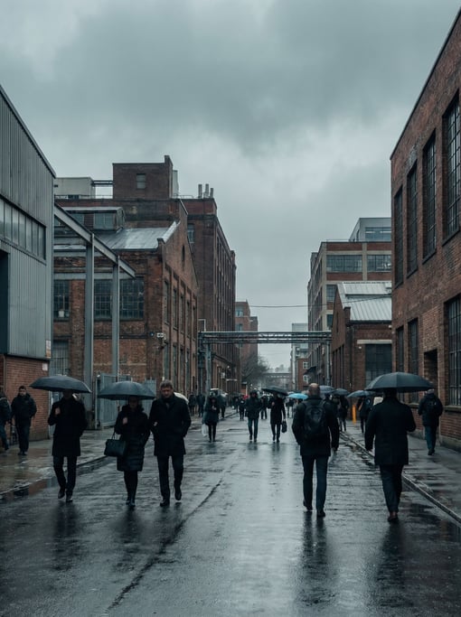 Industrial city street on a clear day, sharp shadows and bright highlights under blue sky