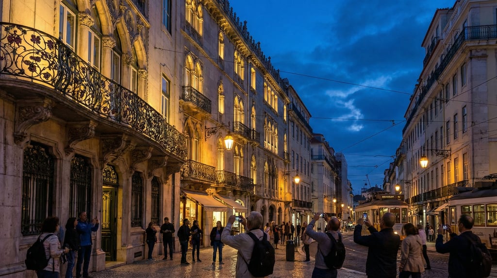 Grand Venetian Gothic boulevard with elaborate wrought-iron balcony railings with floral motifs