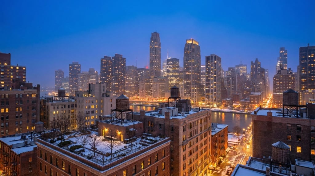 Sweeping panoramic view of a art deco city skyline at blue hour
