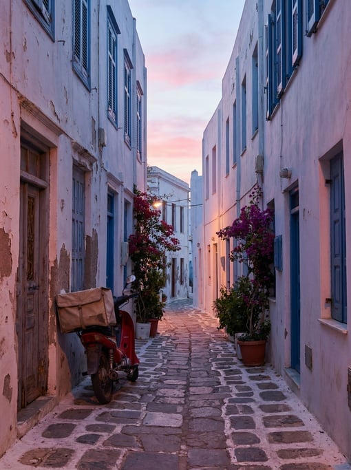 Narrow Greek island whitewashed lane with tall buildings on both sides creating a canyon of light an