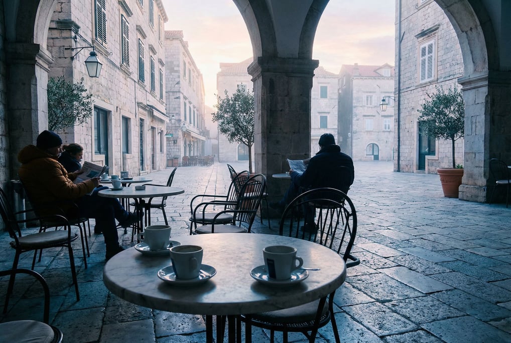 Outdoor coffee shop with sidewalk seating on a Mediterranean city square