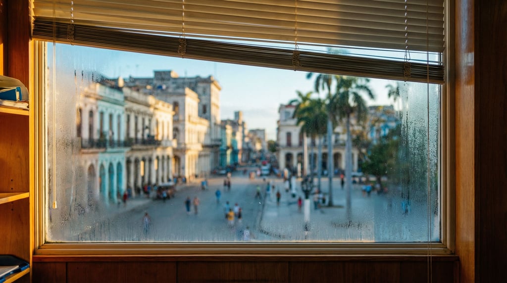 Looking out through a office window with venetian blinds partially open at a tropical city street
