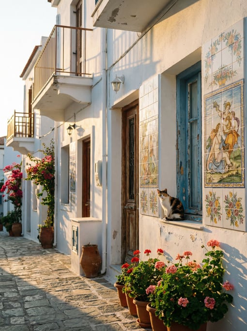 Narrow Greek island whitewashed lane with hand-painted ceramic tiles on building facades