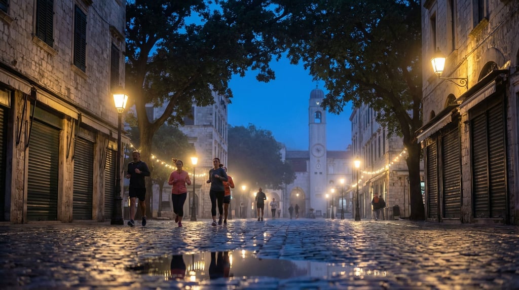 Morning joggers passing closed shopfronts on a rain-slicked main road in a historic city