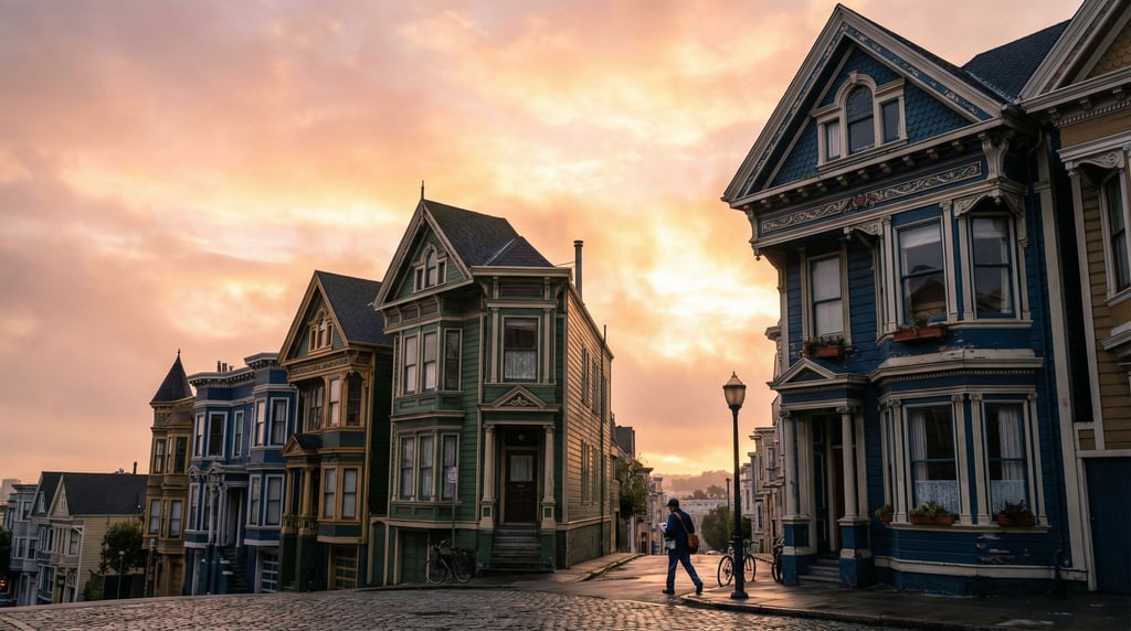 Victorian painted lady houses on a hill in a northern European neighborhood
