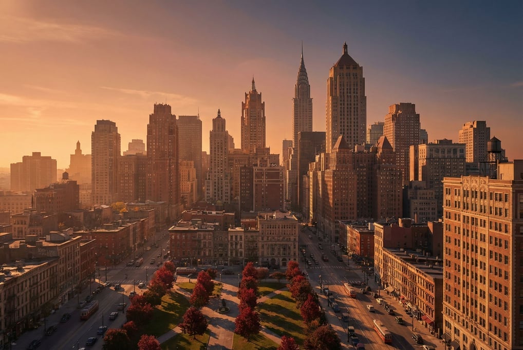 Sweeping panoramic view of a art deco city skyline at golden hour