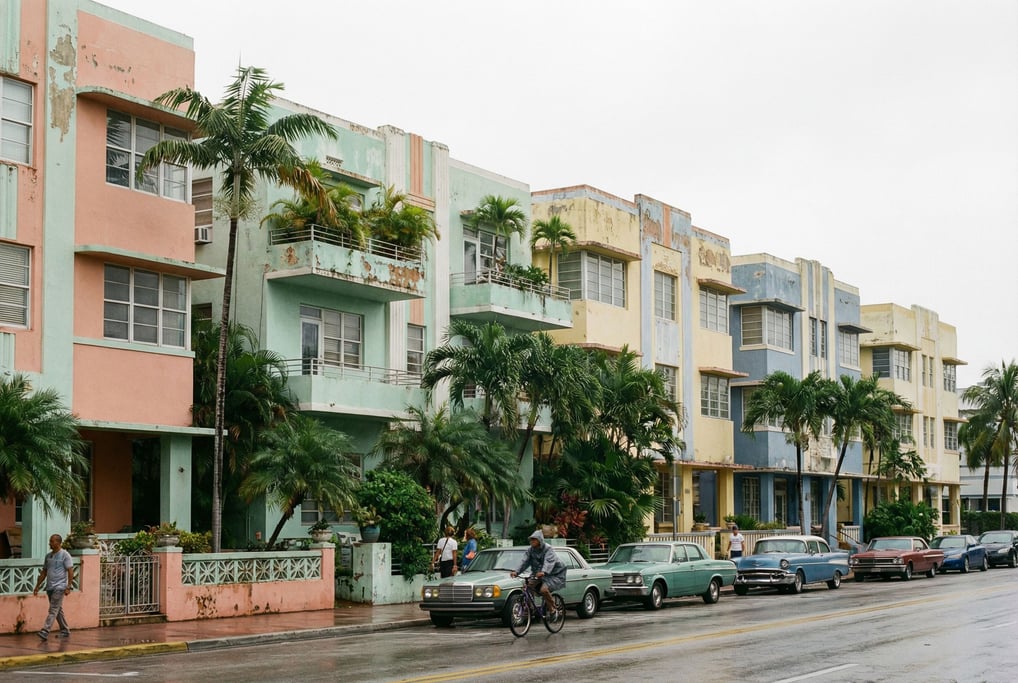 Block of art deco apartment buildings in a tropical neighborhood