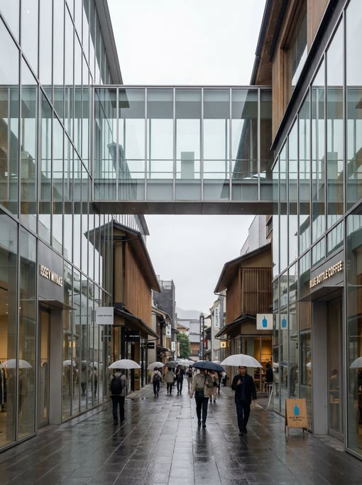 Pedestrian shopping street with boutiques in a Kyoto
